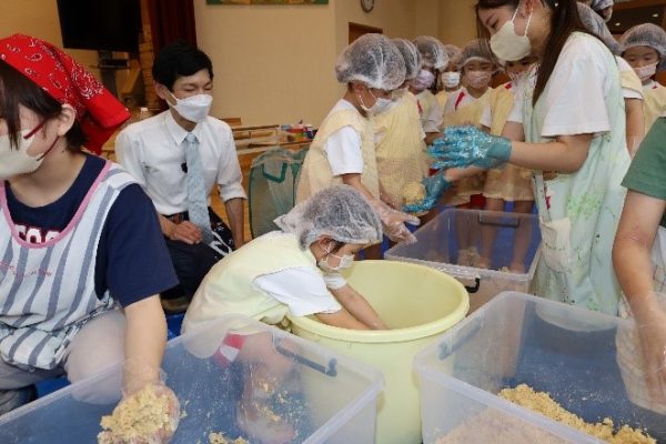 園児たちがみそ造り体験　みどり幼稚園